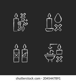 Being safe around candle chalk white manual label icons set on dark background. Extinguish without water. Isolated vector chalkboard illustrations for product use instructions on black