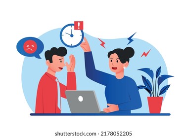 Being shamed concept. Woman yells at man, boss not satisfied with work of employee. Working process, anger and aggression. Conflicts and scandals at workplace. Cartoon flat vector illustration