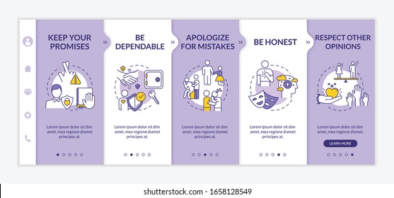 Being sincere to friend onboarding vector template. Keep promises, apologize for mistakes, be dependable. Responsive mobile website with icons. Webpage walkthrough step screens. RGB color concept