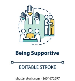 Being supportive concept icon. Helping and care about friends troubles. Sad mate comforting and encourage idea thin line illustration. Vector isolated outline RGB color drawing. Editable stroke