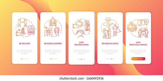 Being supportive friend onboarding mobile app page screen with concepts. Giving emotional help walkthrough 5 steps graphic instructions. UI vector template with RGB color illustrations
