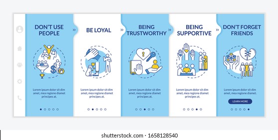 Being supportive onboarding vector template. Trustworthy friend. Compassion and empathy values. Responsive mobile website with icons. Webpage walkthrough step screens. RGB color concept