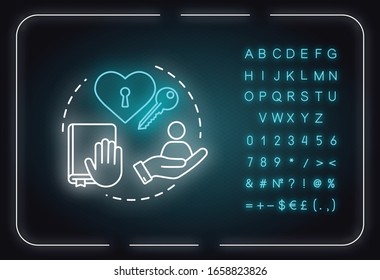 Being trustworthy neon light concept icon. People secrets keeping. Being loyal, dependable friend idea. Outer glowing sign with alphabet, numbers and symbols. Vector isolated RGB color illustration