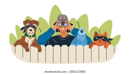 Being watched concept with curious man and his faithful friends cat and dog spying look through spy glass hiding behind wooden fence outside observing sneaking. Suspicious male peek, look out, search