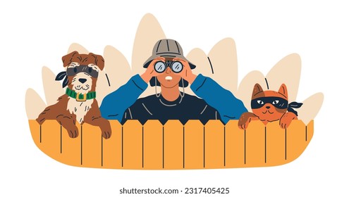 Being watched concept with curious man and his faithful friends cat and dog spying look through spy glass hiding behind wooden fence outside observing sneaking. Suspicious male peek, look out, search