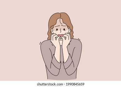 Being worried and stress concept. Portrait of attractive cute scared worried young girl cartoon character biting nails feeling stressed vector illustration 