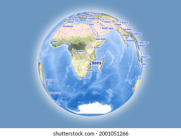 Beira-Mozambique is shown on vector globe map. The map shows Beira-Mozambique 's location in the world.