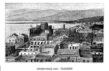 Beirut city, Lebanon, vintage engraving. Old engraved illustration of the city of Beirut in Lebanon in the 1890s, cityscape