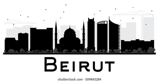 Beirut City skyline black and white silhouette. Vector illustration. Simple flat concept for tourism presentation, banner, placard or web site. Business travel concept. Cityscape with landmarks