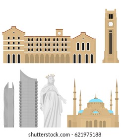 Beirut City skyline silhouette. Flat lebanese tourism icon banner, postcard. Lebanon travel concept. Cityscape with landmarks architecture vector illustration