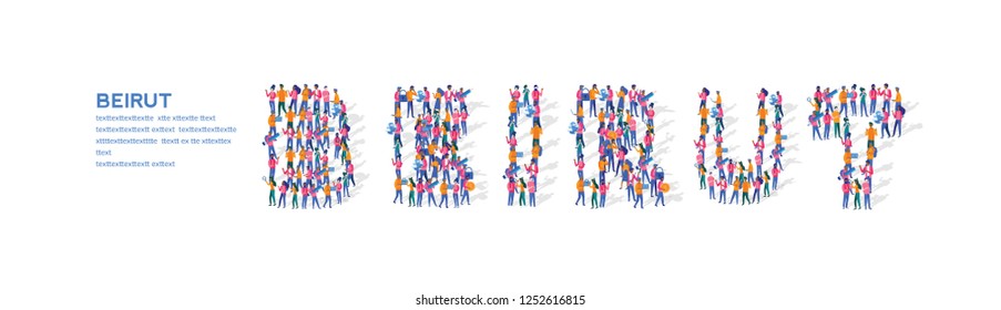 Beirut Isometric Vector Concept, Group of business people are gathered together in the shape of Beirut word, for web page, banner, presentation, social media, Crowd of little people. teamwork