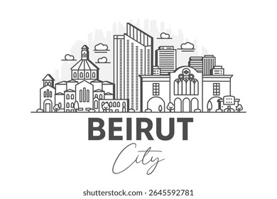 Beirut, Lebanon architecture line skyline illustration with shadows. Linear vector cityscape with famous landmarks, city sights, design icons.