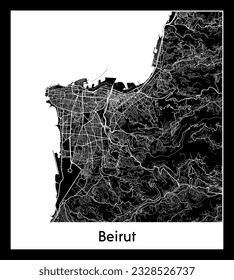 Mapa de la ciudad de Asia en el Líbano en Beirut, ilustración de vector blanco negro