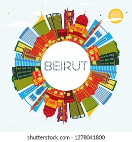 Línea aérea de Beirut Lebanon City con edificios de color, cielo azul y espacio de copias. Ilustración vectorial. Concepto de viajes de negocios y turismo con arquitectura moderna. Paisaje urbano de Beirut con monumentos. 