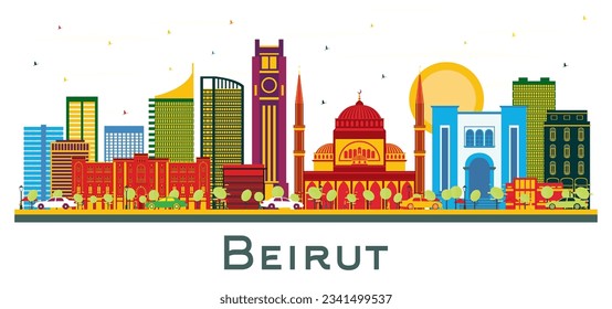 Beirut Lebanon city Skyline with Color Buildings isolated on white. Vector Illustration. Business Travel and Tourism Concept with Modern Architecture. Beirut Cityscape with Landmarks.