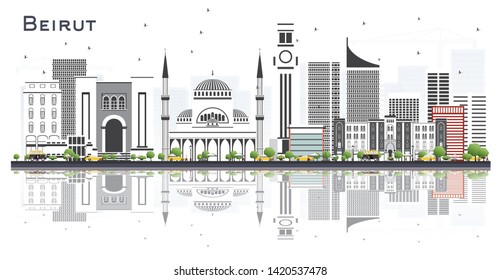 Beirut Lebanon City Skyline with Gray Buildings and Reflections Isolated on White. Vector Illustration. Business Travel and Tourism Concept with Modern Architecture. Beirut Cityscape with Landmarks. 