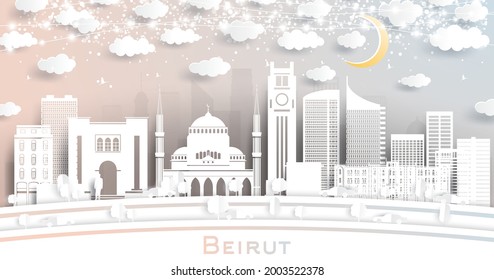 Beirut Lebanon City Skyline in Paper Cut Style with White Buildings, Moon and Neon Garland. Vector Illustration. Travel and Tourism Concept. Beirut Cityscape with Landmarks.