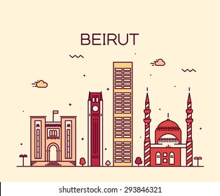 Beirut skyline, detailed silhouette. Trendy vector illustration, linear style.