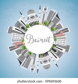 Beirut Skyline with Gray Buildings, Blue Sky and Copy Space. Vector Illustration. Business Travel and Tourism Concept with Modern Architecture. Image for Presentation Banner Placard and Web Site.