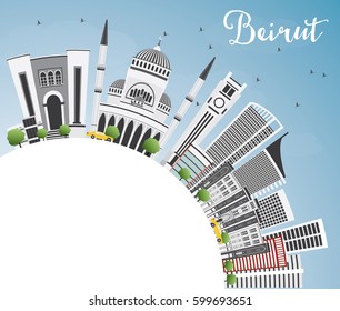 Beirut Skyline with Gray Buildings, Blue Sky and Copy Space. Vector Illustration. Business Travel and Tourism Concept with Modern Architecture. Image for Presentation Banner Placard and Web Site