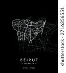 Beirut vector print map in dark theme. Detailed map of city in Lebanon. Tourist decorative minimalist street map.