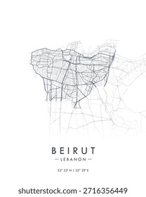 Mapa impreso del Vector de Beirut. Mapa detallado de la ciudad en Líbano. Mapa de calles minimalista decorativo turístico.