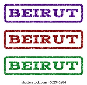 Beirut watermark stamp. Text caption inside rounded rectangle with grunge design style. Vector variants are indigo blue, red, green ink colors. Rubber seal stamp with dirty texture.