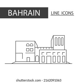 Icono de Bahréin Beit Sheikh Isa Bin Ali Al Khalifa. Conjunto de iconos de línea delgada negra. La arquitectura, la tradición y más es la firma de Bahréin.