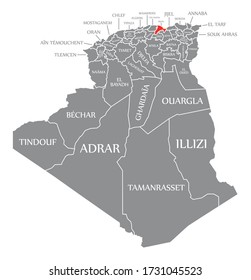 Rojo de Bejaia resaltado en el mapa de Argelia