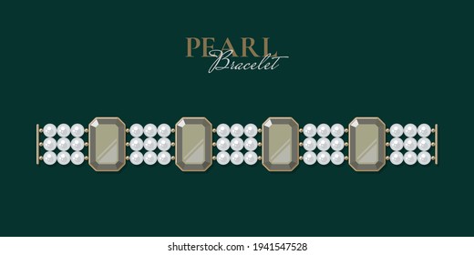 Bejeweled bracelet of pearls on dark background. Jewellery concept. Decorative element for invitations, banners, cards. Vector illustration EPS10