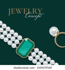 Bejeweled bracelet of pearls and a ring on dark background. Jewellery concept. Decorative element for invitations, banners, cards. Vector illustration EPS10