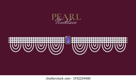 Bejeweled necklace of pearls on dark background. Jewellery concept. Decorative element for invitations, banners, cards. Vector illustration EPS10