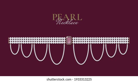 Bejeweled necklace of pearls on dark background. Jewellery concept. Decorative element for invitations, banners, cards. Vector illustration EPS10