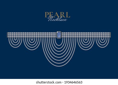 Bejeweled necklace of pearls on dark blue background. Jewellery concept. Decorative element for invitations, banners, cards. Vector illustration EPS10