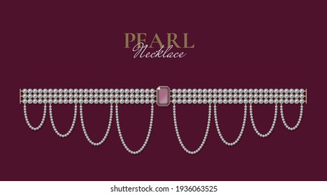 Bejeweled necklace of pearls on dark background. Jewellery concept. Decorative element for invitations, banners, cards. Vector illustration EPS10
