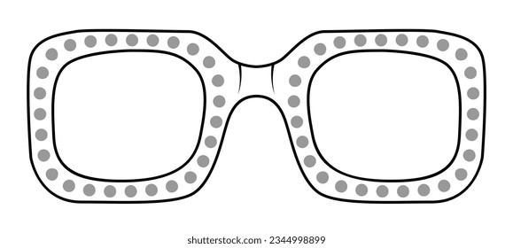 Bejewelled Retro Square frame glasses fashion accessory illustration. Sunglass front view for Men, women, style, flat rim spectacles eyeglasses with lens sketch outline isolated on white background