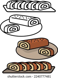 Bejgli, beigli, strudel icon with black outline, colored and black and white version. Vector illustration. Traditional christmas cake.