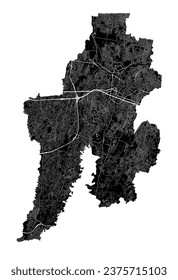 Bekasi map. Detailed black map of Bekasi city administrative area. Cityscape poster metropolitan aria view. Black land with white roads and avenues. White background.
