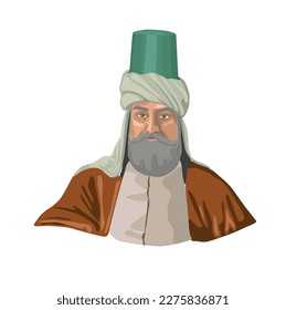 Hacı Bektas Veli (1209 - 1271). Mystic, sayyid, mystic, scholar and Islamic philosopher. He is one of the pioneers of Alevi-Bektashism. Those who follow his path are called Bektashi. Vector portrait