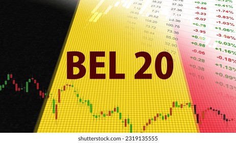 BEL 20, el índice bursátil de referencia de Euronext Bruselas. Índice de 20 empresas belgas de primera línea que cotizan en la Bolsa de Valores de Bruselas. Fondo de la pantalla de negociación.