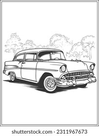 Bel Air Car in front of road Coloring page, Car Coloring page design, outline design