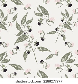 Beladonna flower and fruits seamless floral pattern in vector. Flowers Pattern in vector on transparent and beige backgrounds singly. Colored pattern in the Beladonna floral background