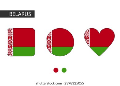 Bielorrusia 3 formas (cuadrado, círculo, corazón) con bandera de la ciudad. Aislado sobre fondo blanco.