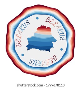 Belarus badge. Map of the country with beautiful geometric waves and vibrant red blue frame. Vivid round Belarus logo. Vector illustration.