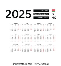 Belarus Calendar 2025. Week starts from Monday. Vector graphic design. Belarusian language.