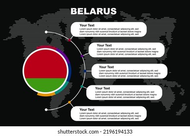Belarus circle infographic with information text spaces, black background with world map, Belarus circle country flag, presentation graphic idea, info and data template for countries