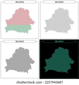 Mapa de puntos de ladrillo mosaico circular de Bielorrusia, conjunto de colores de bandera nacional, frontera de país de silueta negra aislada en fondo blanco, ilustración de vector geográfico