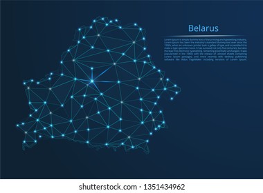 Belarus communication network map. Vector low poly image of a global map with lights in the form of cities in or population density consisting of points and shapes in the form of stars and space.