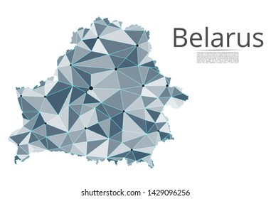 Belarus communication network map. Vector low poly image of a global map with lights in the form of cities in or population density consisting of points and shapes and space. Easy to edit