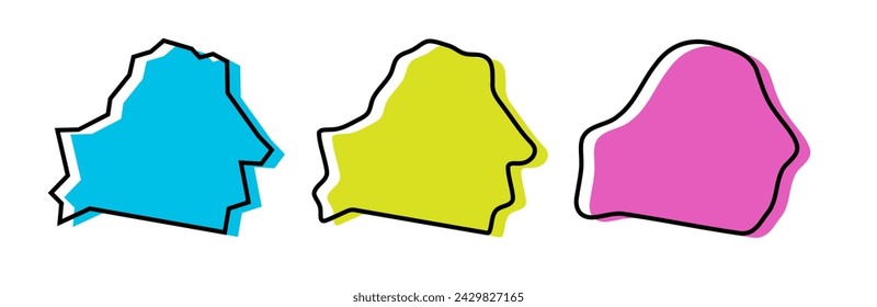 Belarus country black outline and colored country silhouettes in three different levels of smoothness. Simplified maps. Vector icons isolated on white background.